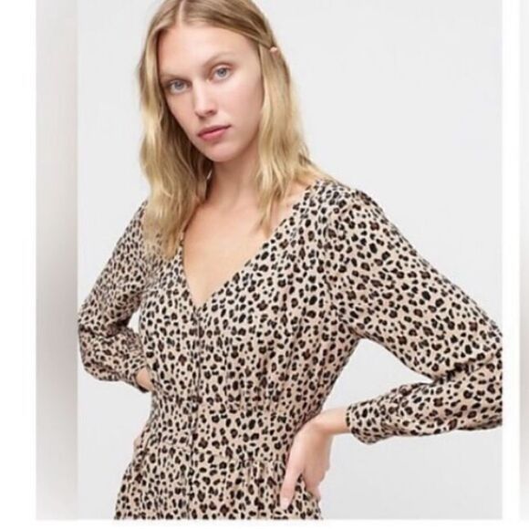 J Crew Women’s Size 0 Button Front A Line Midi Dress Tan Black Leopard Print - Picture 3 of 12